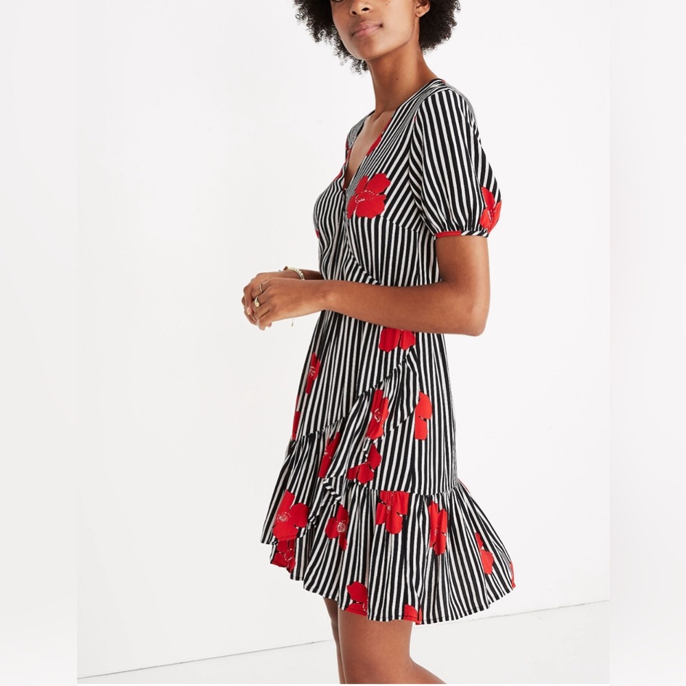 Madewell Ruffle Wrap Dress in Candied Orchids black & white stripe red flowers 6